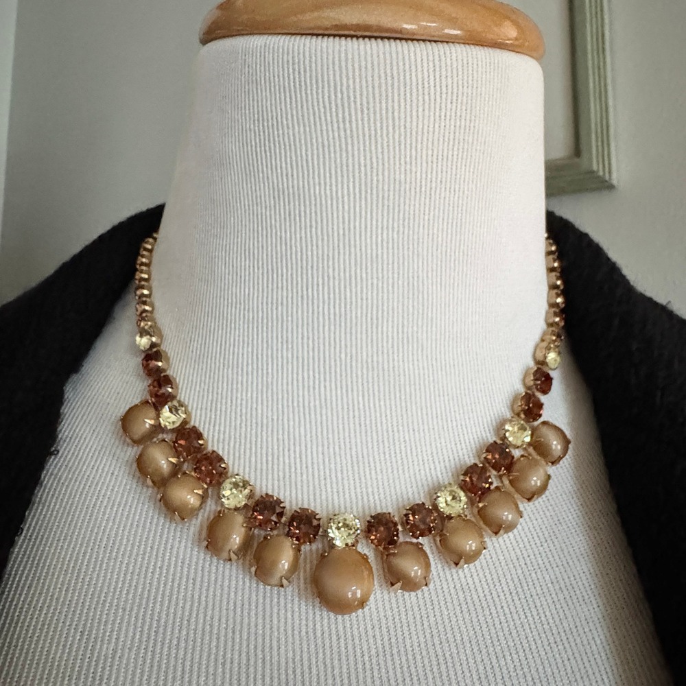 Vintage Rhinestone Statement Necklace‎ Butterscotch Smokey Topaz Amber Tone Glam - Picture 9 of 10